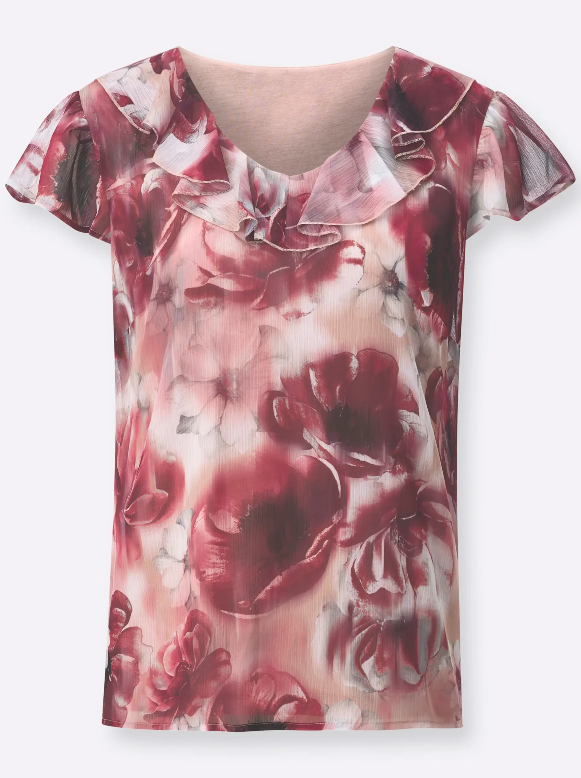 Blusen| Druckbluse mit Volant puder-dunkelrot-bedruckt