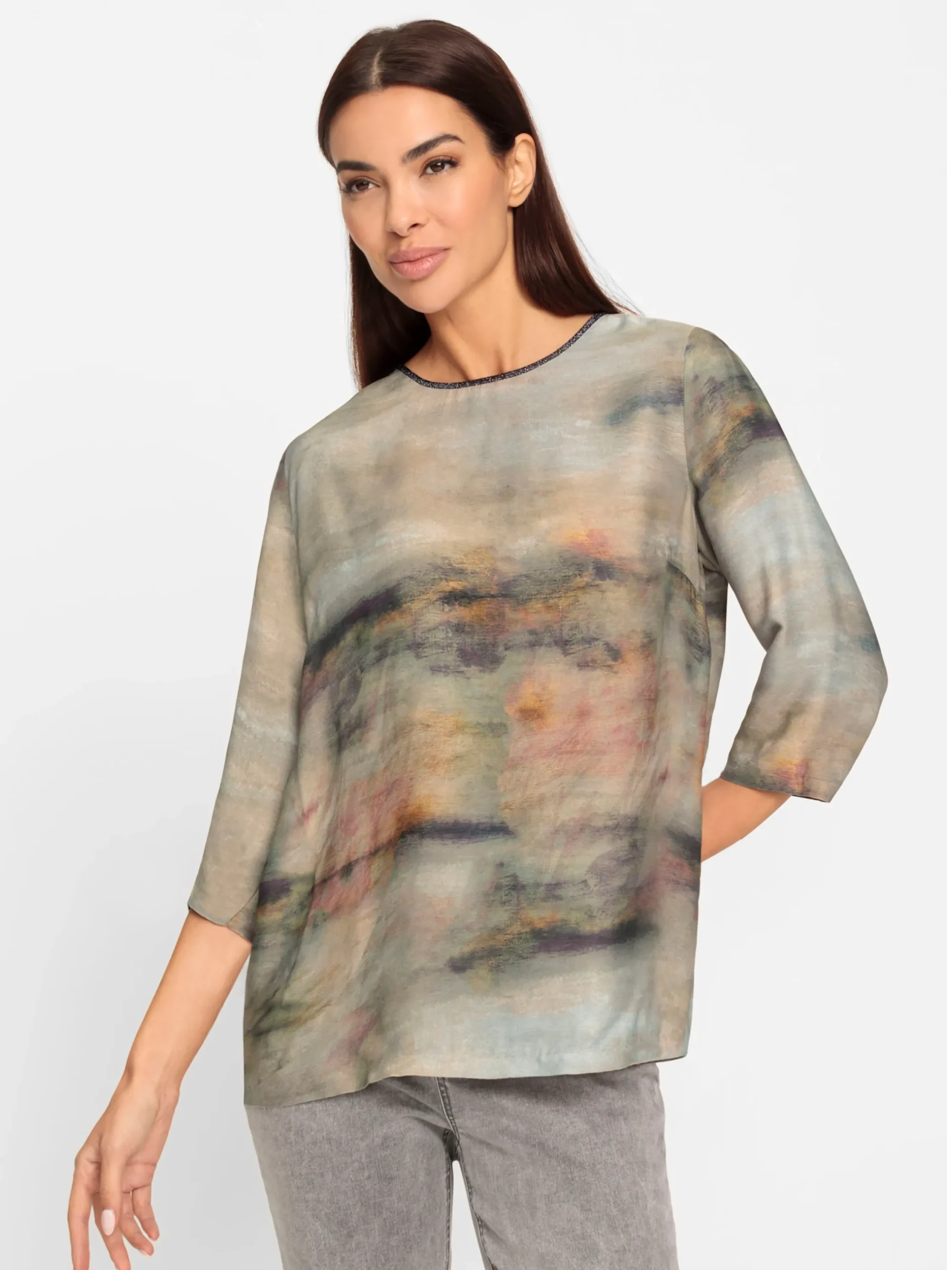 Blusen|heine Druckbluse mit Zipper hinten sand-khaki-bedruckt
