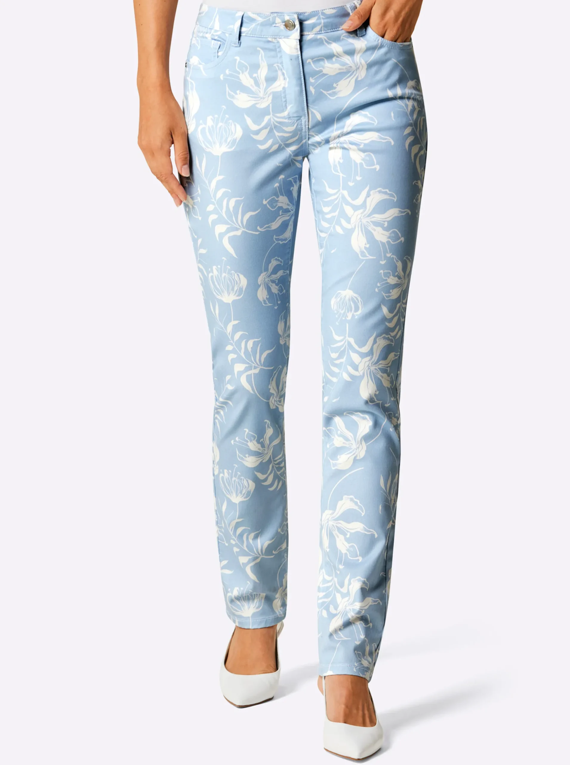 Hosen|CREATION L PREMIUM Druckhose mit 55% Lyocell hellblau-ecru-bedruckt