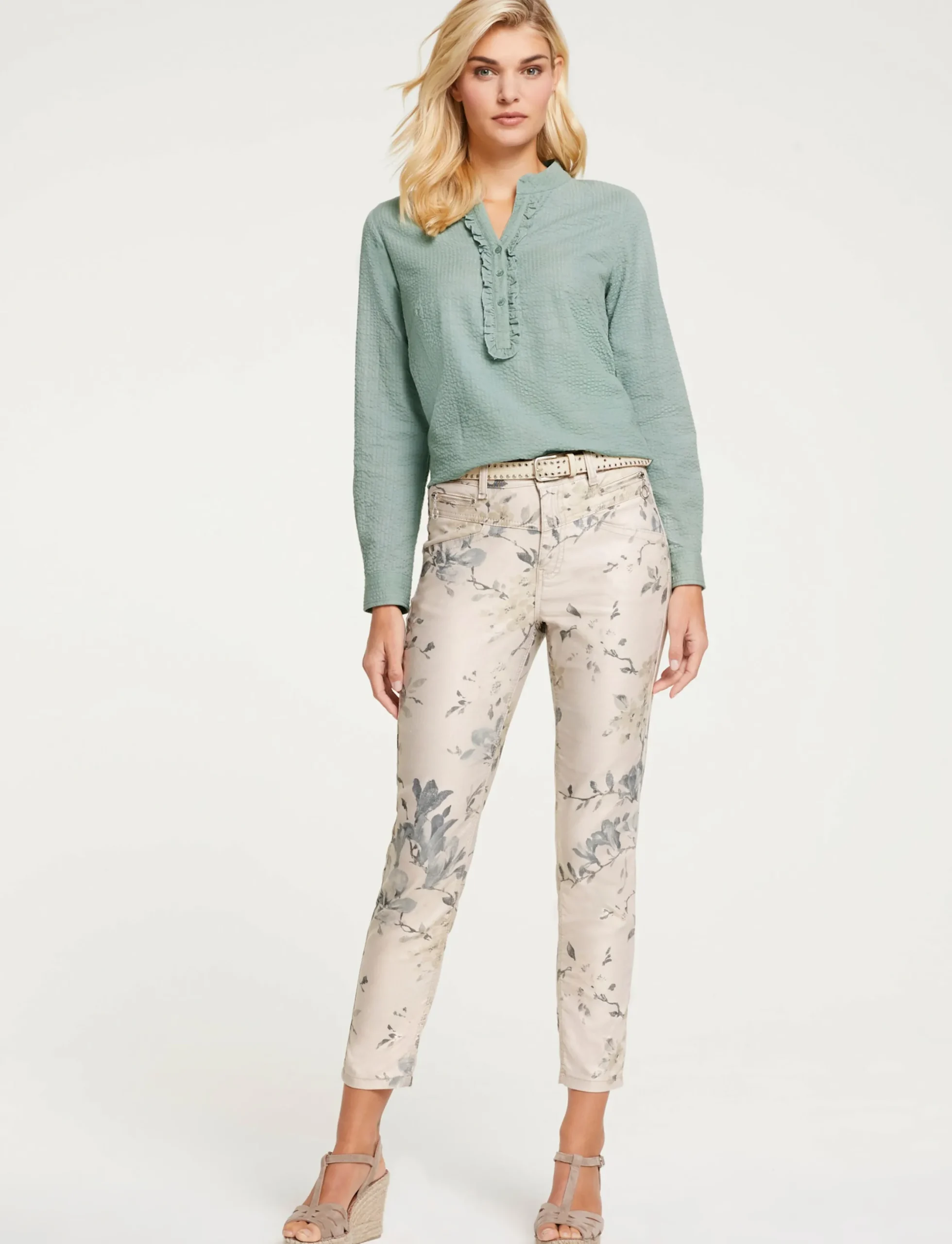 Hosen|heine Druckhose mit Blumen-Dessin sand-jade