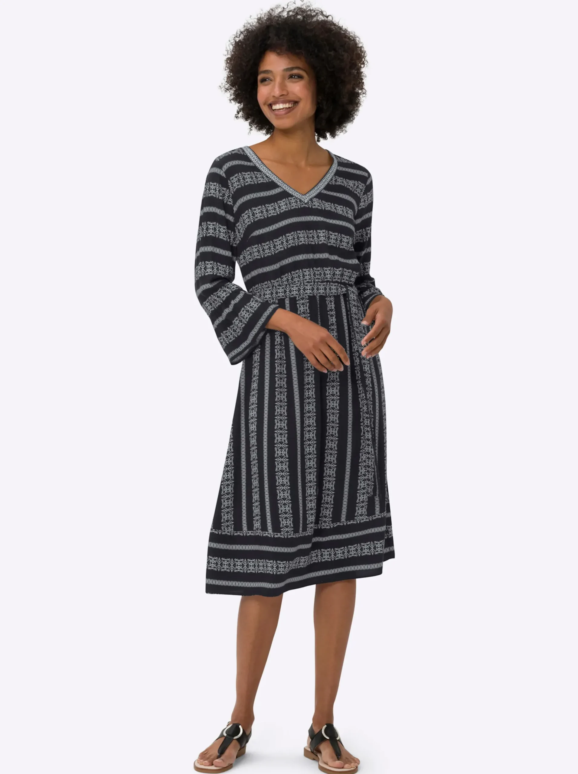 Kleider|heine Druckkleid schwarz-ecru-gemustert