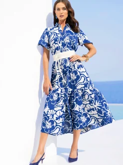 Kleider|heine Druckkleid royalblau-ecru-bedruckt