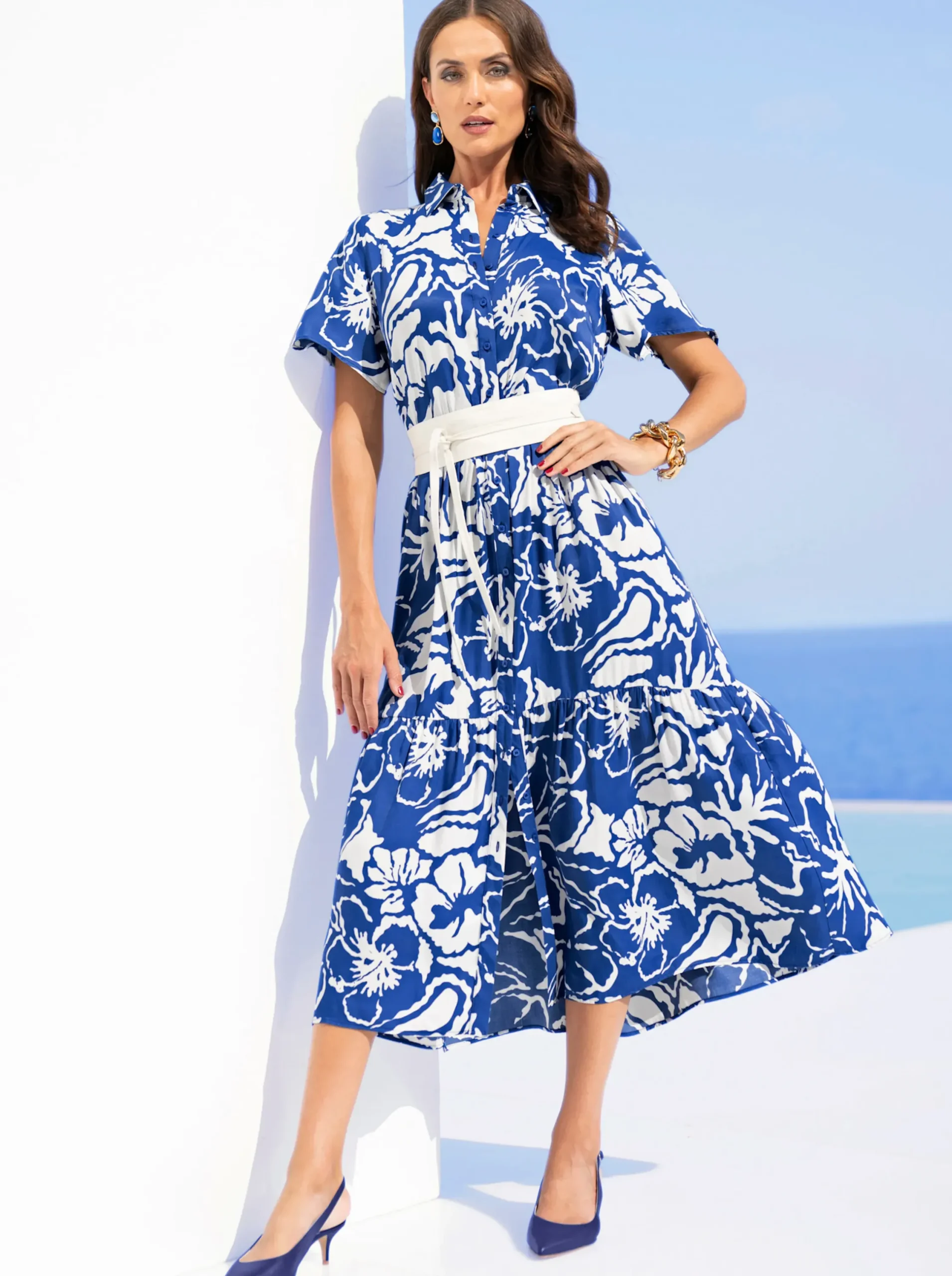 Kleider|heine Druckkleid royalblau-ecru-bedruckt