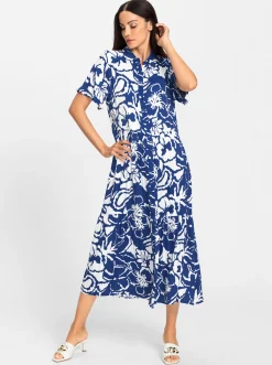 Kleider|heine Druckkleid royalblau-ecru-bedruckt