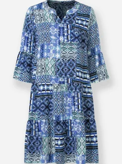 Kleider| Druckkleid im Patchwork-Stil royalblau-ecru-bedruckt