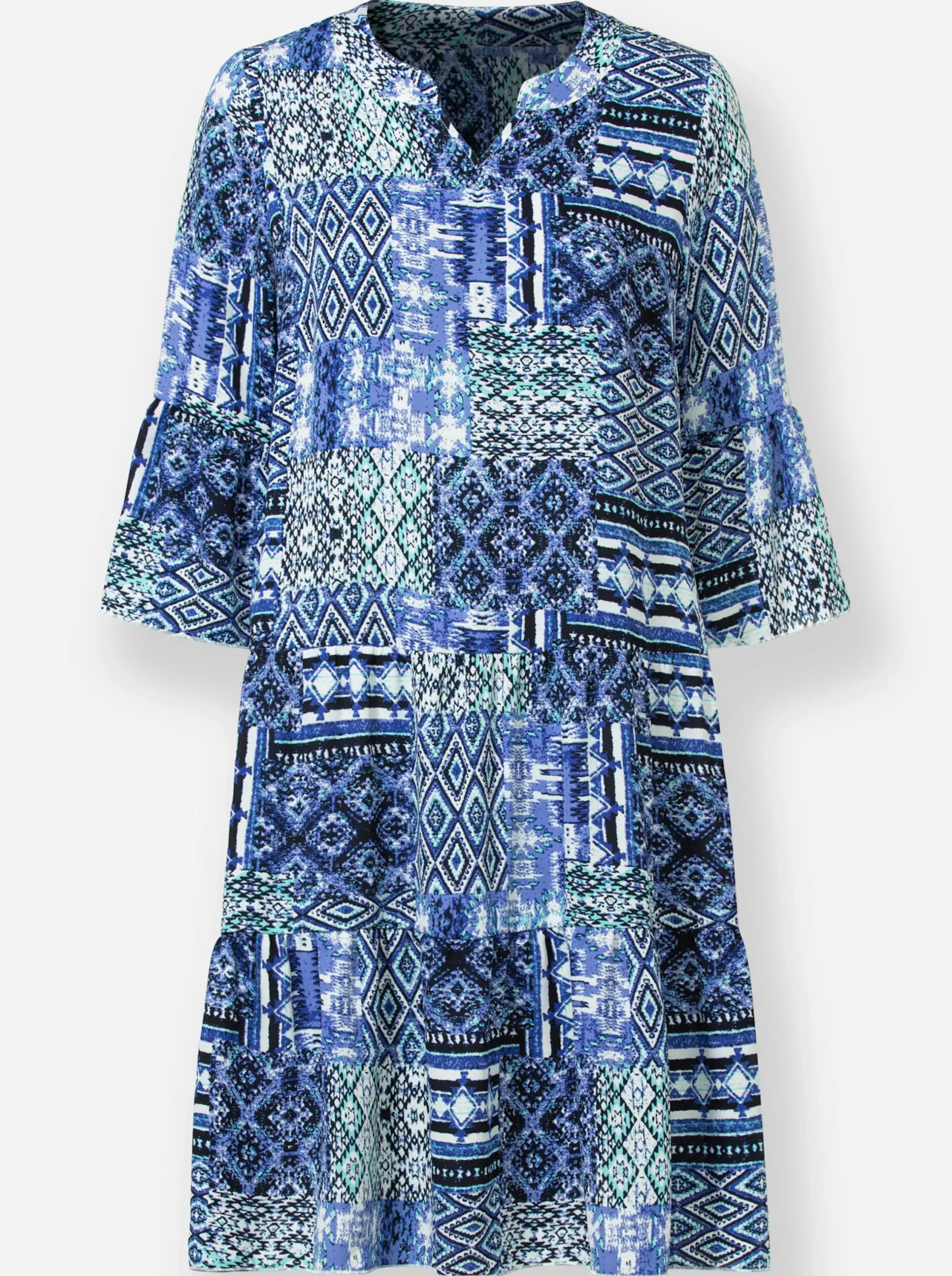 Kleider| Druckkleid im Patchwork-Stil royalblau-ecru-bedruckt