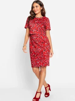 Abendkleider|Kleider| Druckkleid in Baumwoll-Webqualität rot-graphit-bedruckt