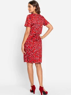 Abendkleider|Kleider| Druckkleid in Baumwoll-Webqualität rot-graphit-bedruckt
