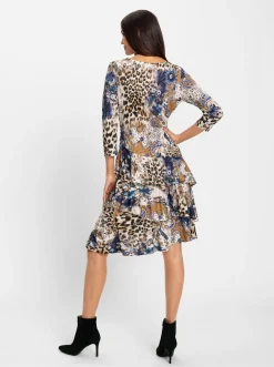 Kleider|heine Druckkleid mit seitlicher Raffung schwarz-camel-bedruckt