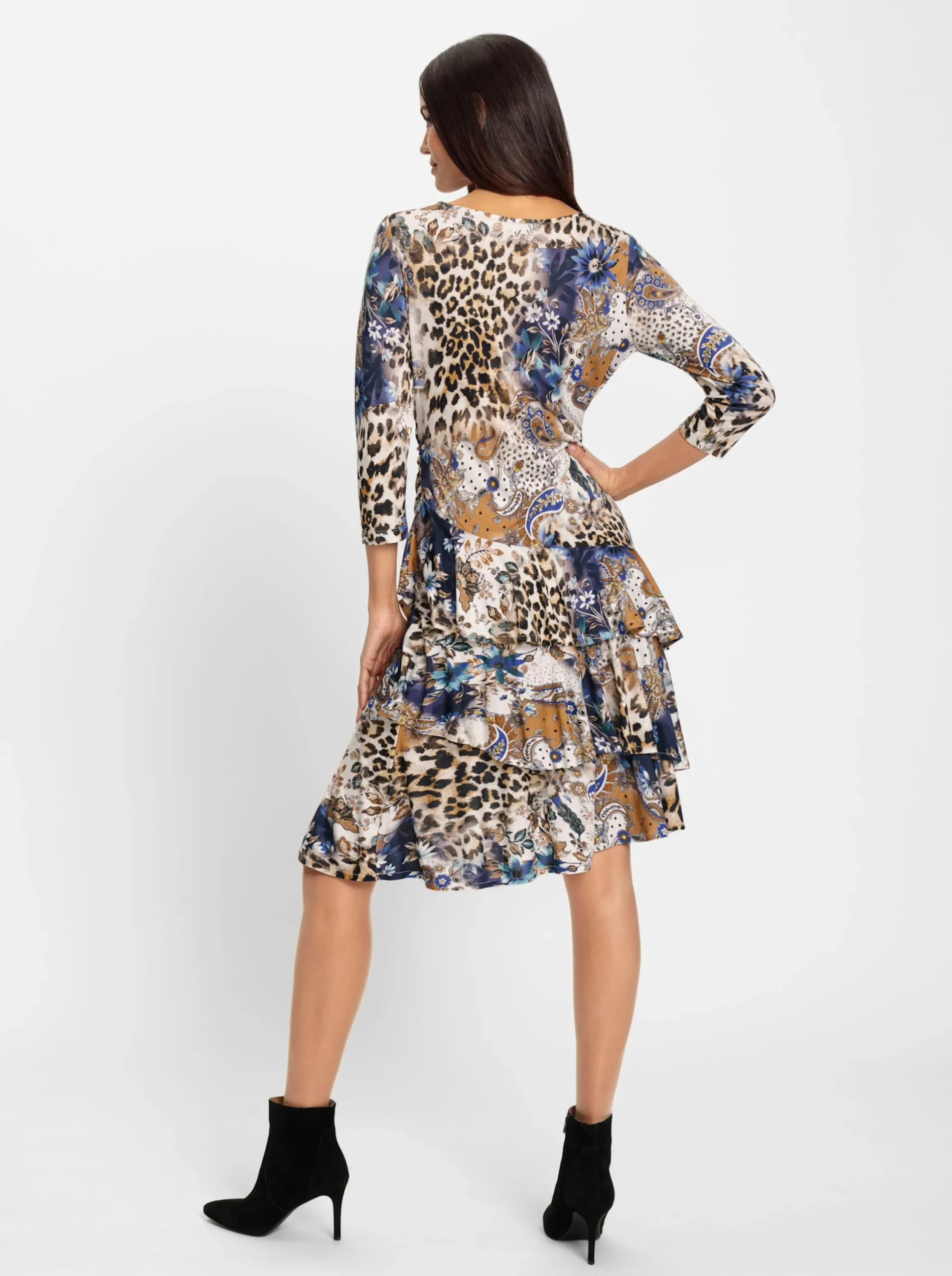 Kleider|heine Druckkleid mit seitlicher Raffung schwarz-camel-bedruckt