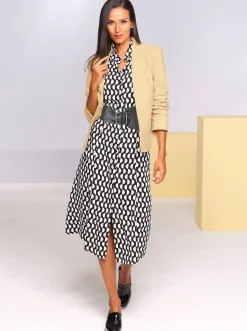 Strandkleider|Kleider|heine Druckkleid mit Stoffbindegürtel schwarz-ecru