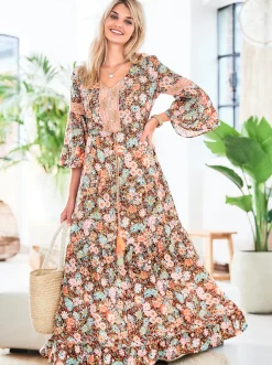 Strandkleider|heine Druckkleid mit Trompetenärmeln schwarz-mandarine-bedruckt