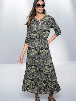 Kleider|heine Druckkleid mit Tunnelzug auf Taillenhöhe khaki-schwarz-bedruckt