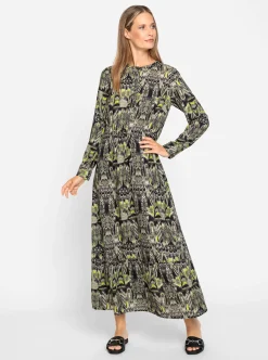 Kleider|heine Druckkleid mit Tunnelzug auf Taillenhöhe khaki-schwarz-bedruckt