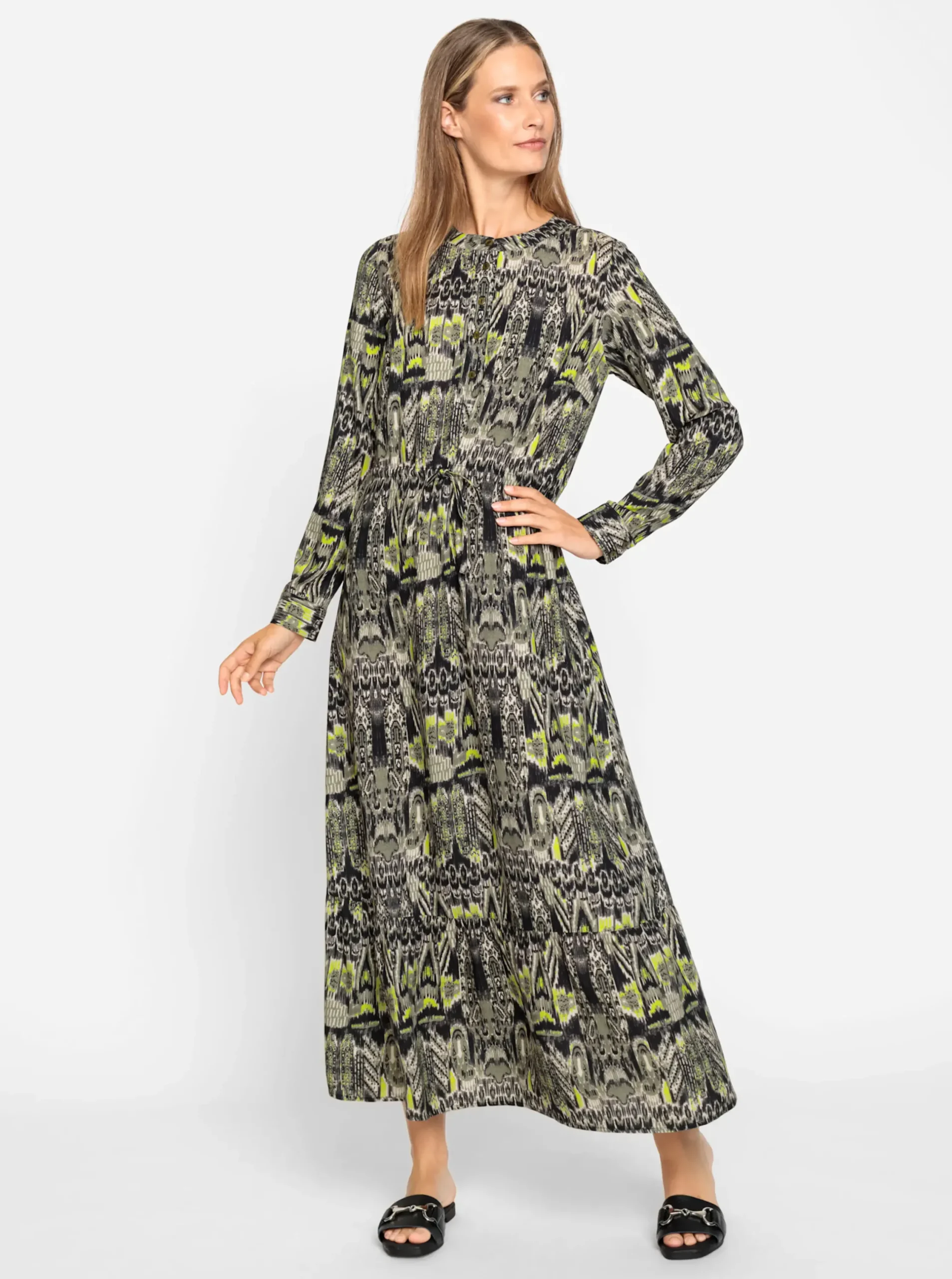 Kleider|heine Druckkleid mit Tunnelzug auf Taillenhöhe khaki-schwarz-bedruckt