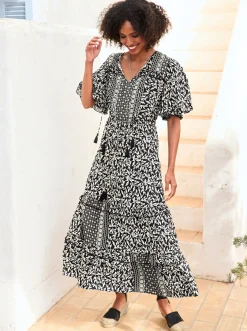 Kleider|heine Druckkleid mit Volant, geblümt schwarz-beige-bedruckt