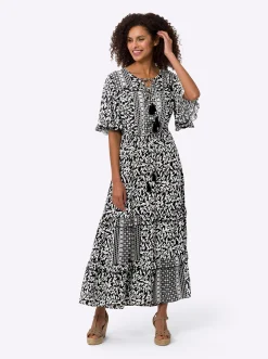 Kleider|heine Druckkleid mit Volant, geblümt schwarz-beige-bedruckt
