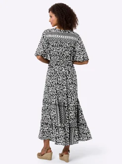 Kleider|heine Druckkleid mit Volant, geblümt schwarz-beige-bedruckt