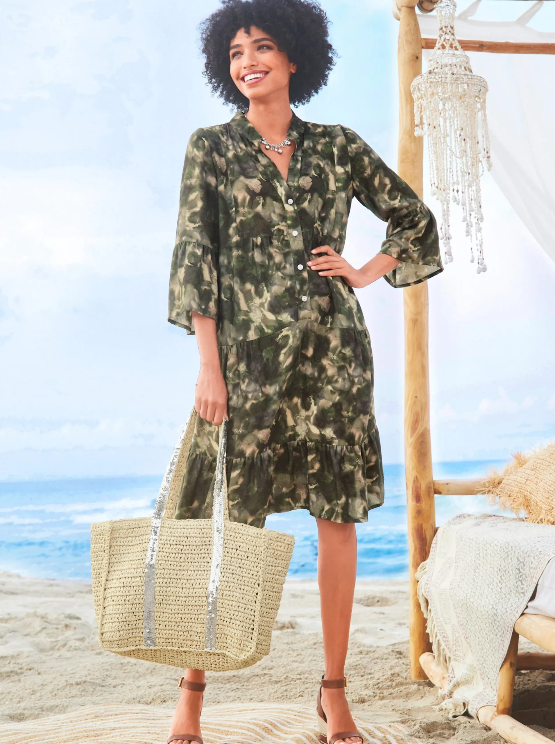 Kleider|heine Druckkleid mit Volants khaki-sand-bedruckt