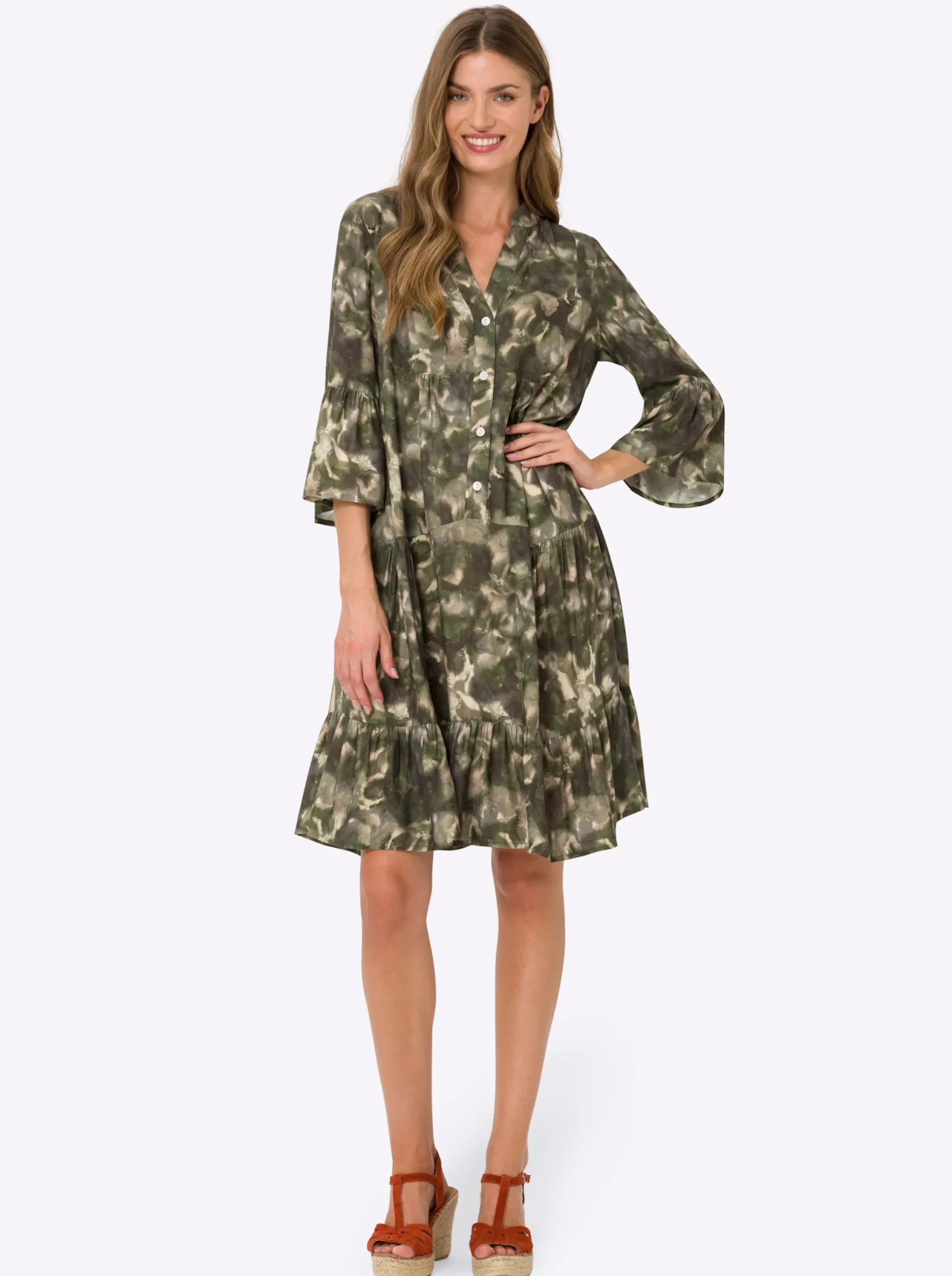 Kleider|heine Druckkleid mit Volants khaki-sand-bedruckt