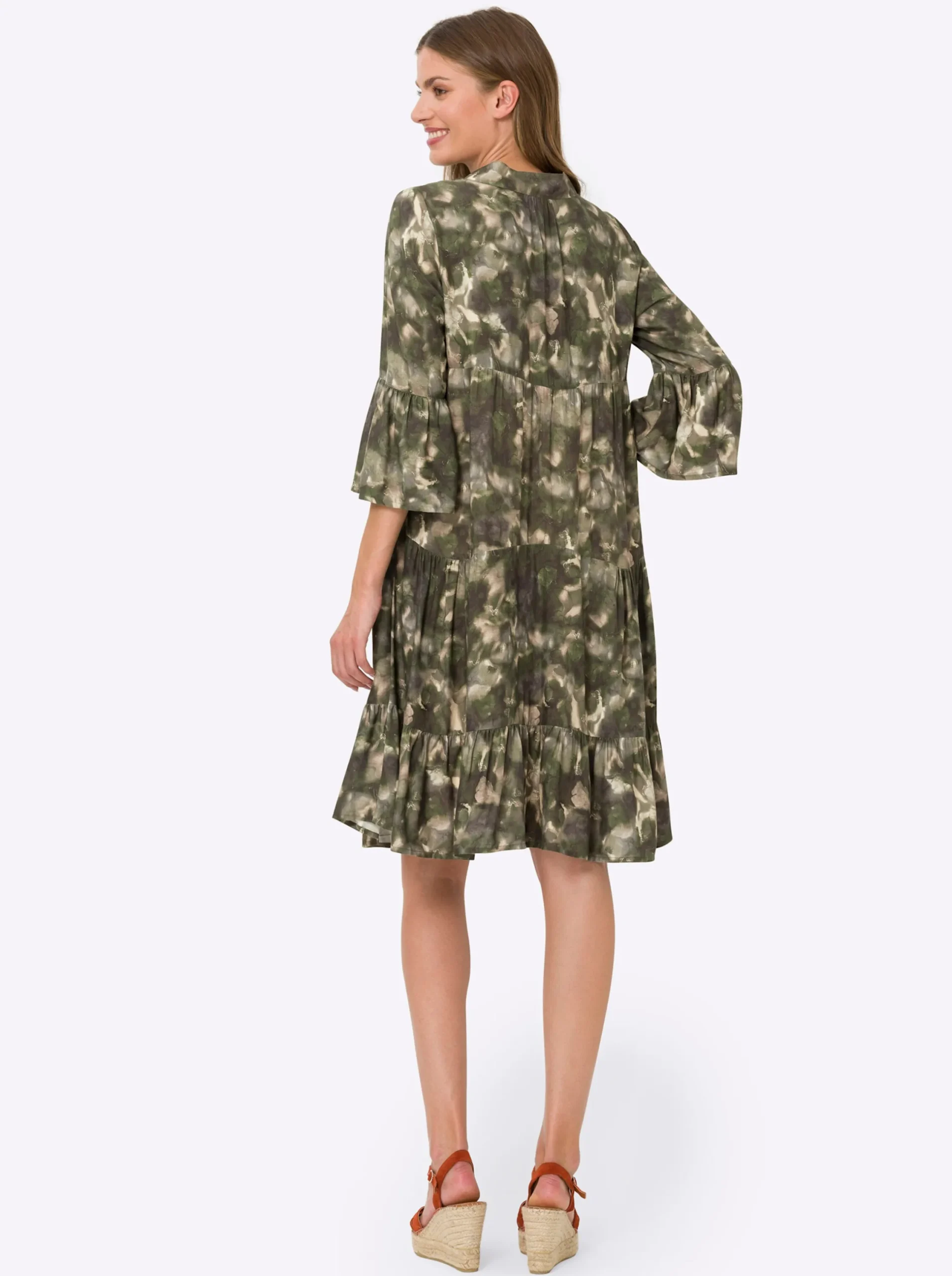 Kleider|heine Druckkleid mit Volants khaki-sand-bedruckt