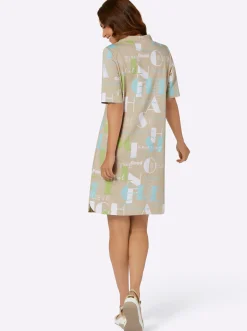 Kleider| Druckkleid mit weitenregulierbarem Kragen sand-mint-bedruckt
