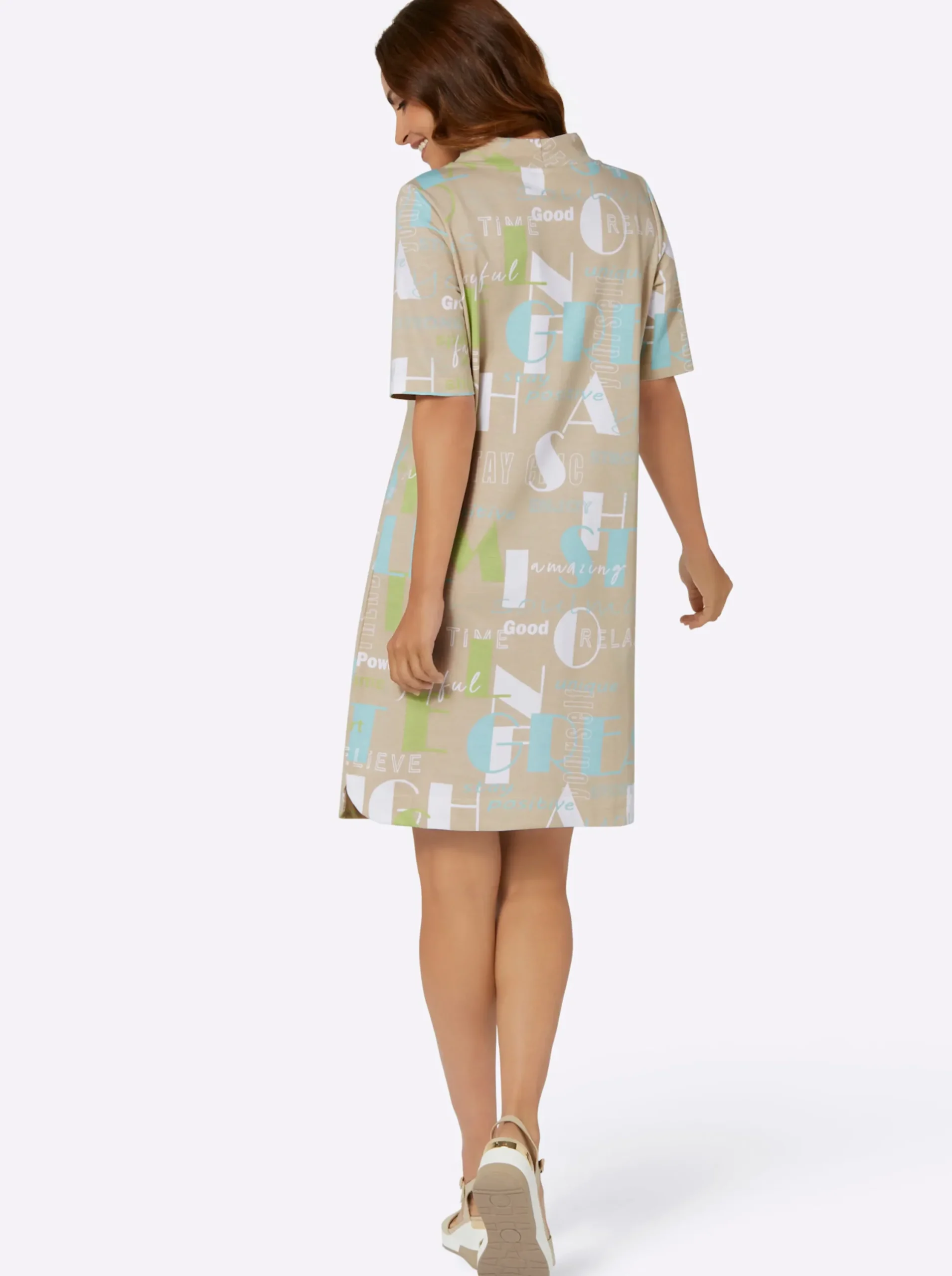 Kleider| Druckkleid mit weitenregulierbarem Kragen sand-mint-bedruckt