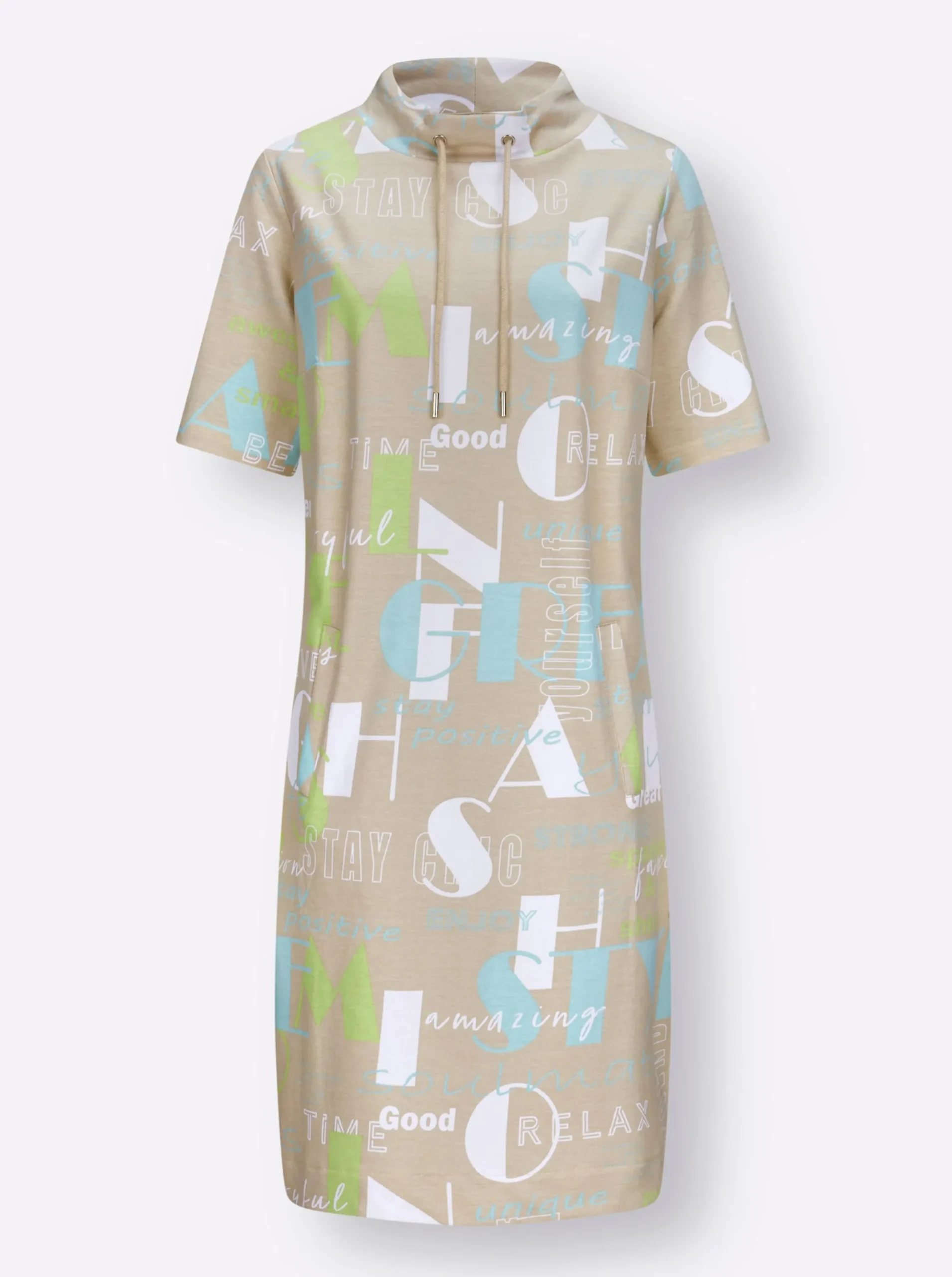 Kleider| Druckkleid mit weitenregulierbarem Kragen sand-mint-bedruckt
