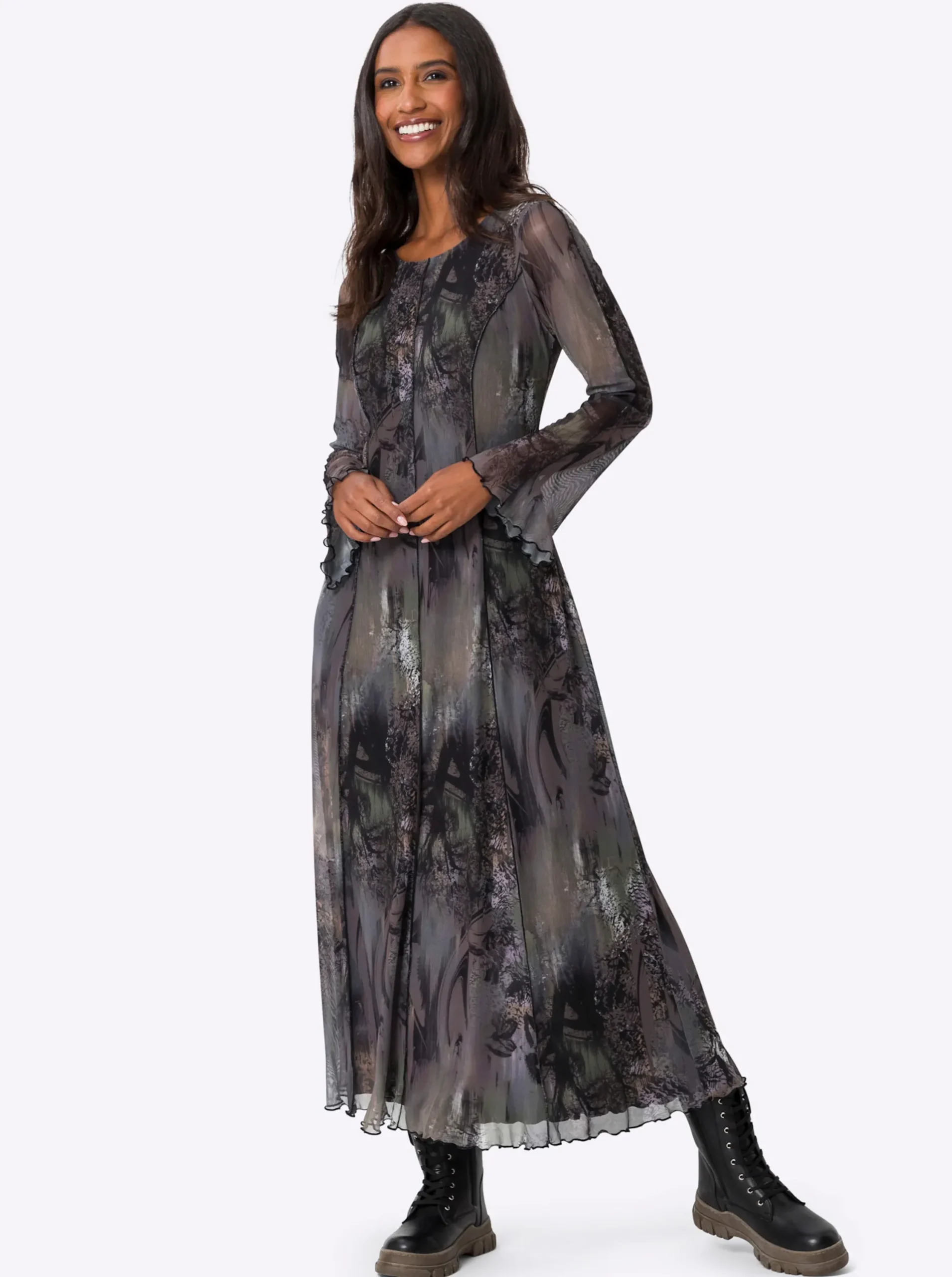 Kleider|heine Druckkleid mit Ziernähten dunkeltaupe-schwarz-bedruckt