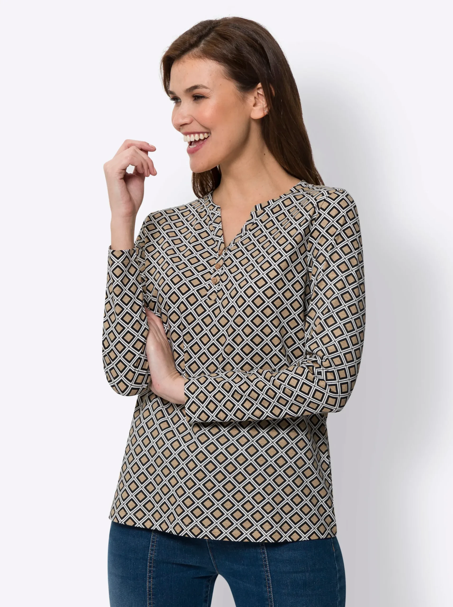 Shirts|heine Druck-Shirt schwarz-beige-bedruckt