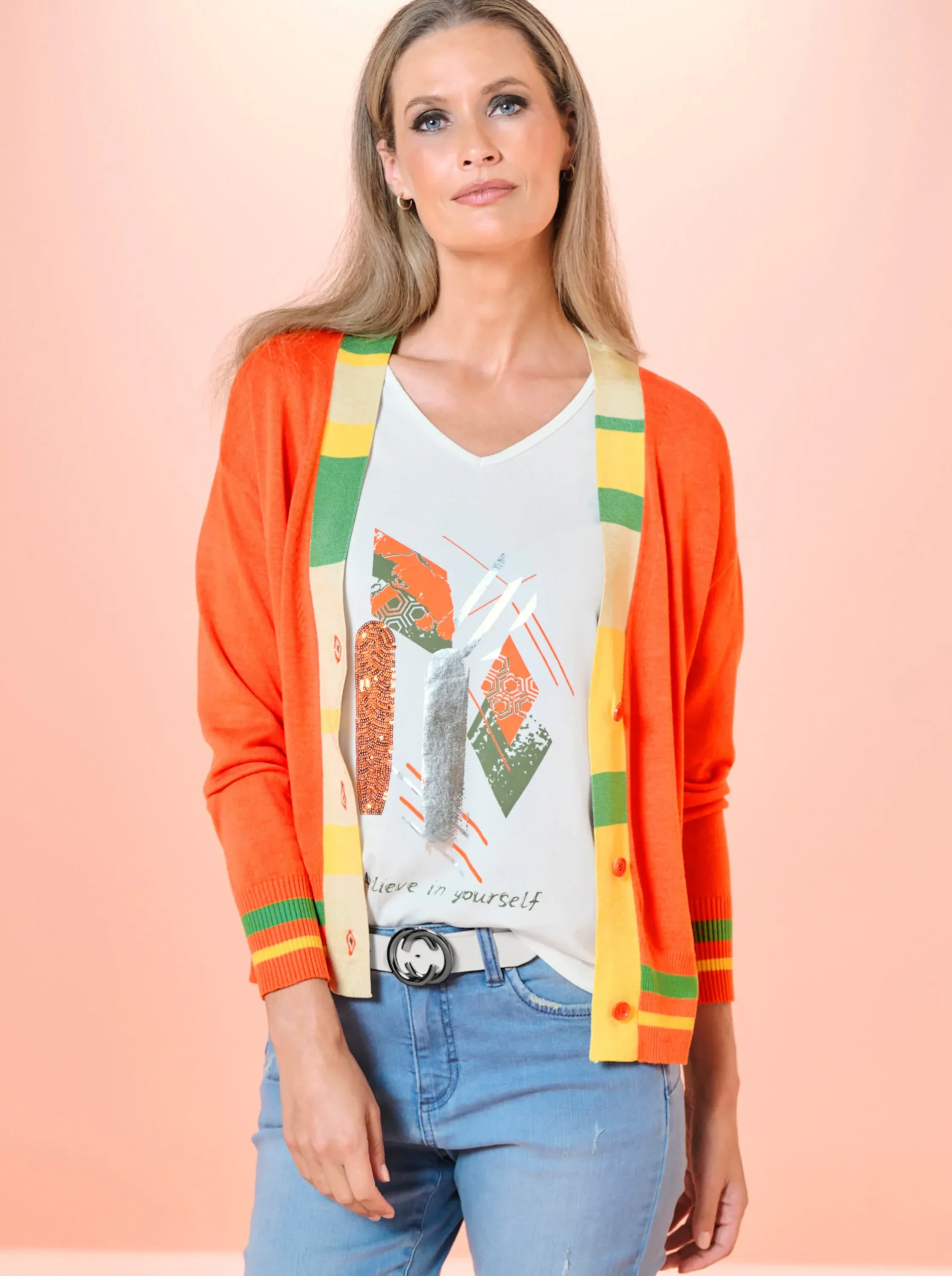Strickjacken|heine Feinstrickjacke mit Zier-Rippenbündchen orange