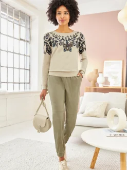 Pullover|heine Feinstrickpullover sand-jade-bedruckt