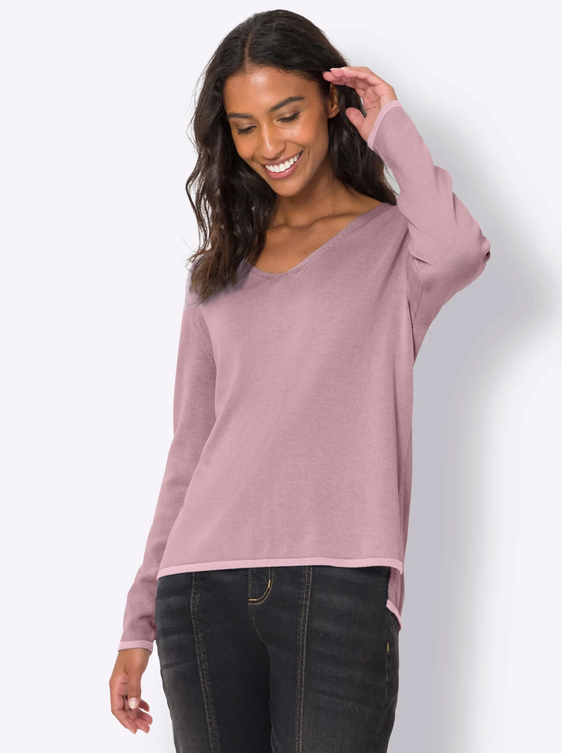 Pullover|heine Feinstrickpullover , hinten länger mauve-hellrosé-gemustert