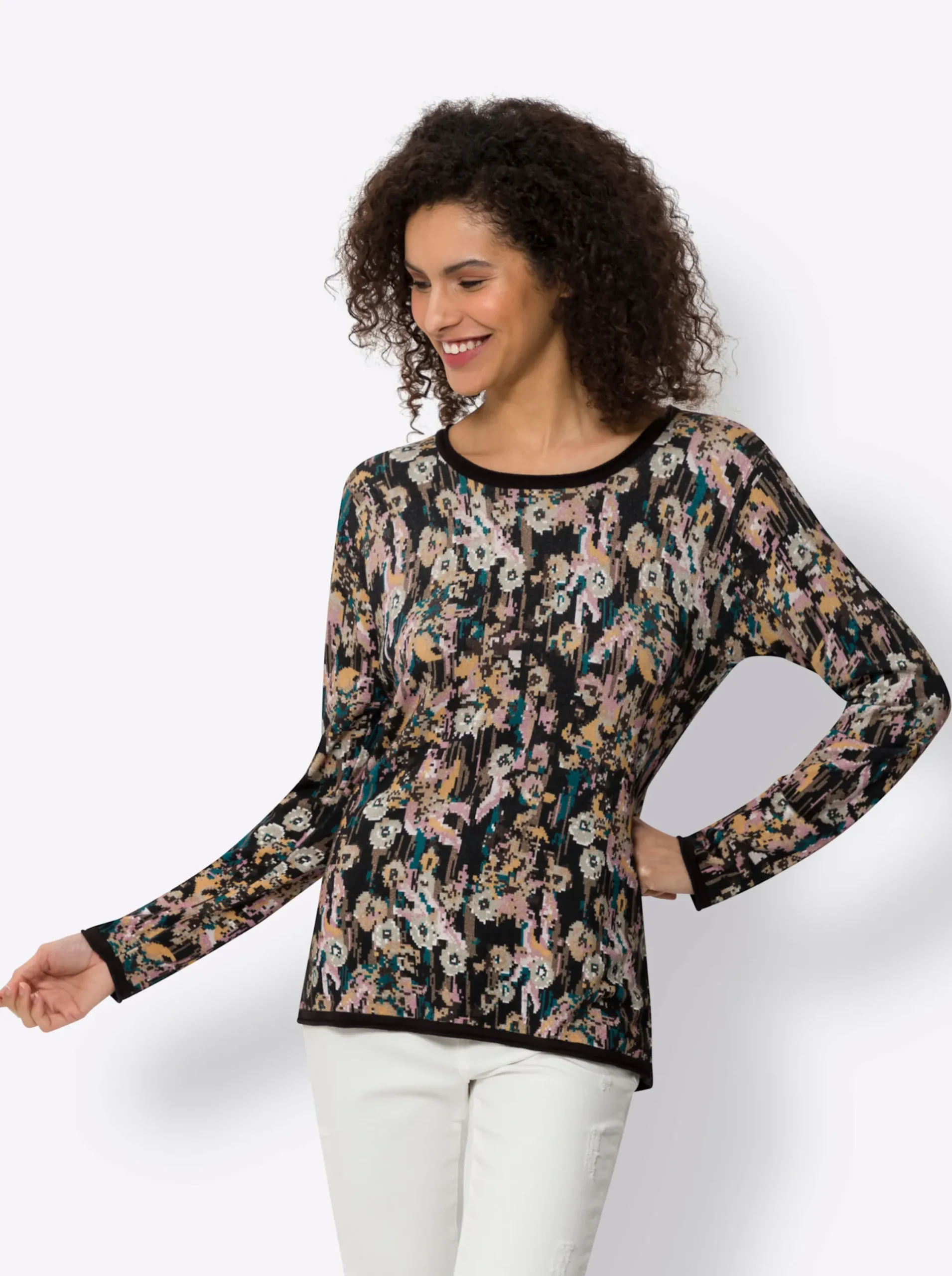 Pullover|heine Feinstrickpullover im Druckmix mit Blüten schwarz-beige-bedruckt