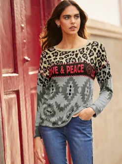 Pullover|heine Feinstrickpullover im Mustermix, mit Schriftzug grau-mauve-gemustert