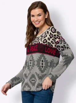 Pullover|heine Feinstrickpullover im Mustermix, mit Schriftzug grau-mauve-gemustert