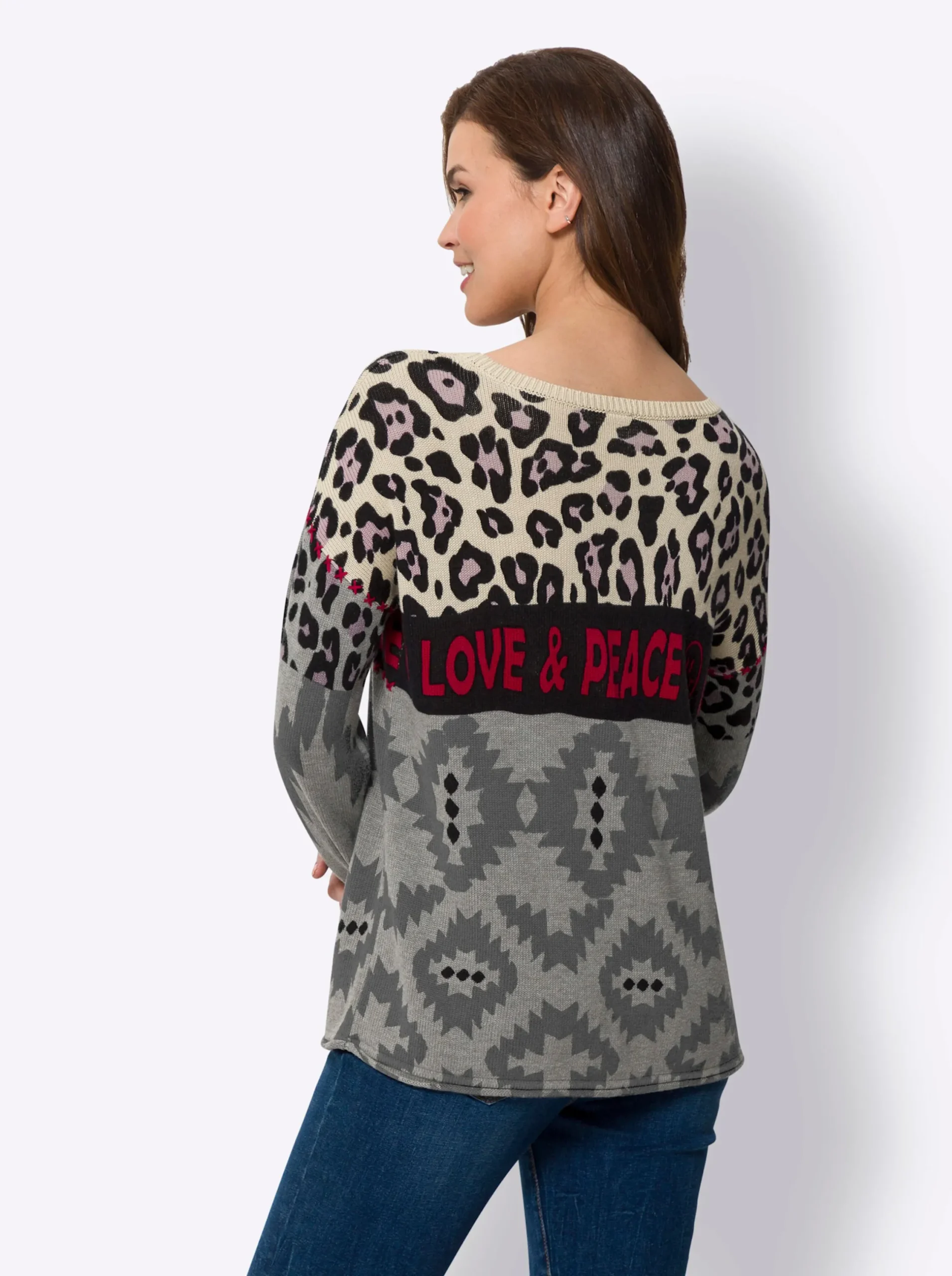 Pullover|heine Feinstrickpullover im Mustermix, mit Schriftzug grau-mauve-gemustert