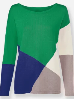 Pullover|heine Feinstrickpullover in Colour-Blocking-Dessin royalblau-grasgrün-gemustert