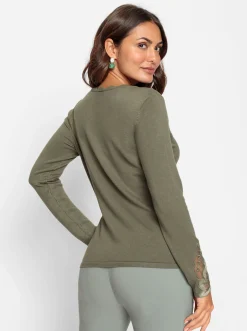 Pullover| Feinstrickpullover mit besticktem Netzeinsatz khaki-sand-gemustert