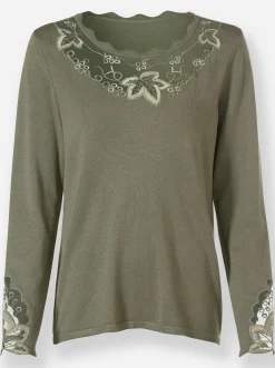 Pullover| Feinstrickpullover mit besticktem Netzeinsatz khaki-sand-gemustert