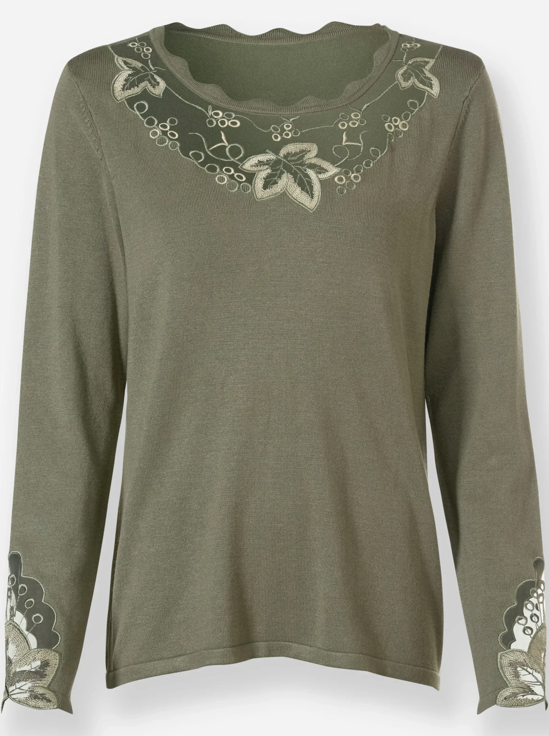 Pullover| Feinstrickpullover mit besticktem Netzeinsatz khaki-sand-gemustert