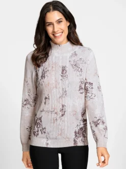 Pullover| Feinstrickpullover mit höherem Stehkragen beige-bedruckt