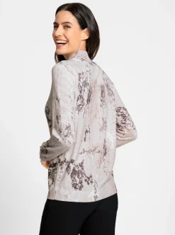 Pullover| Feinstrickpullover mit höherem Stehkragen beige-bedruckt