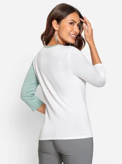 Pullover| Feinstrickpullover mit platziertem Druck vorne ecru-kalkmint-bedruckt