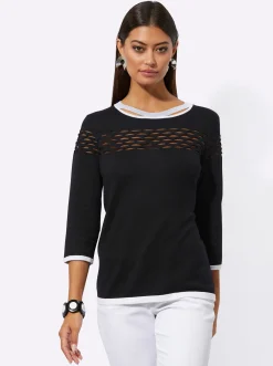 Pullover| Feinstrickpullover mit transparenten Partien schwarz