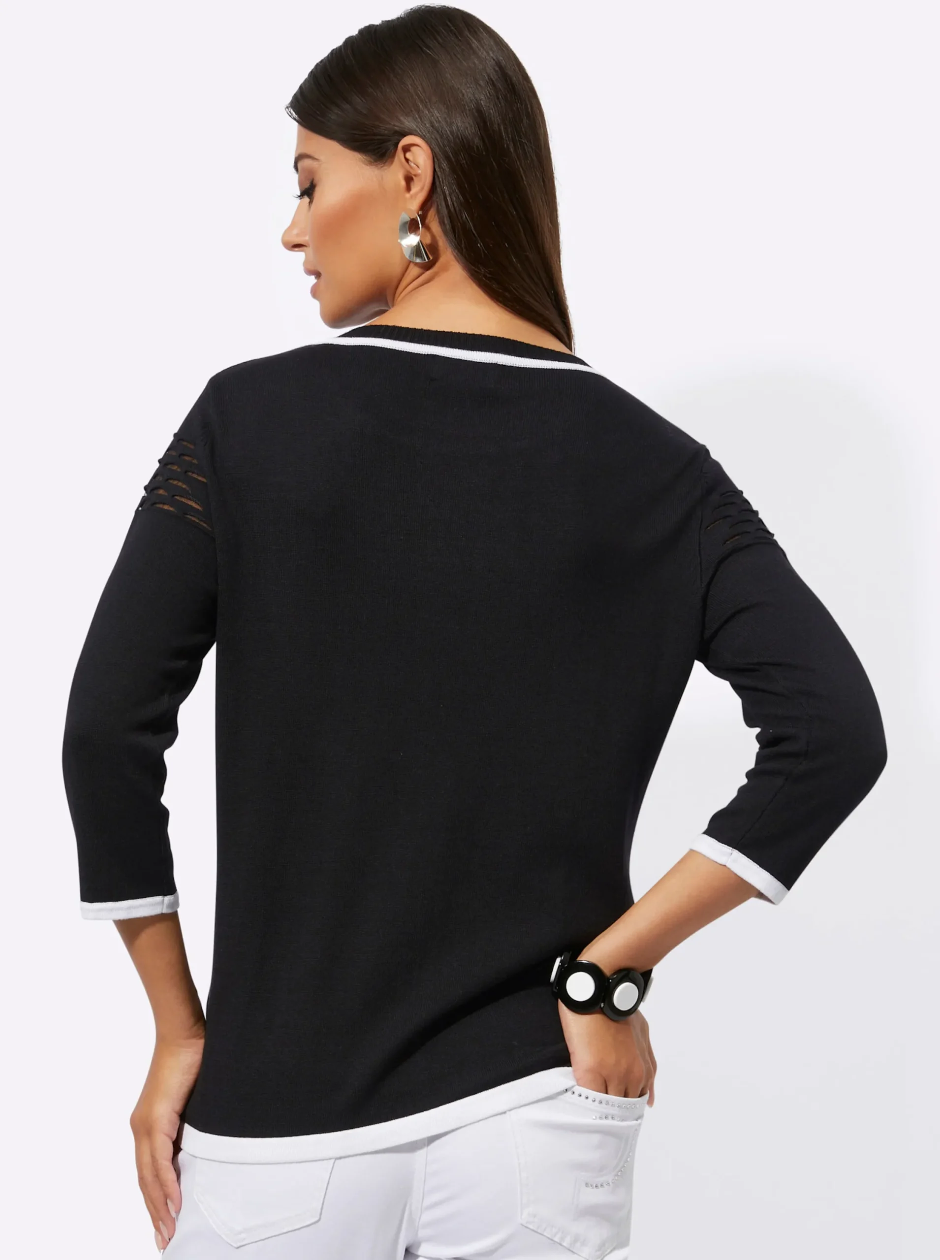 Pullover| Feinstrickpullover mit transparenten Partien schwarz