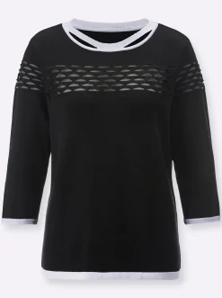 Pullover| Feinstrickpullover mit transparenten Partien schwarz
