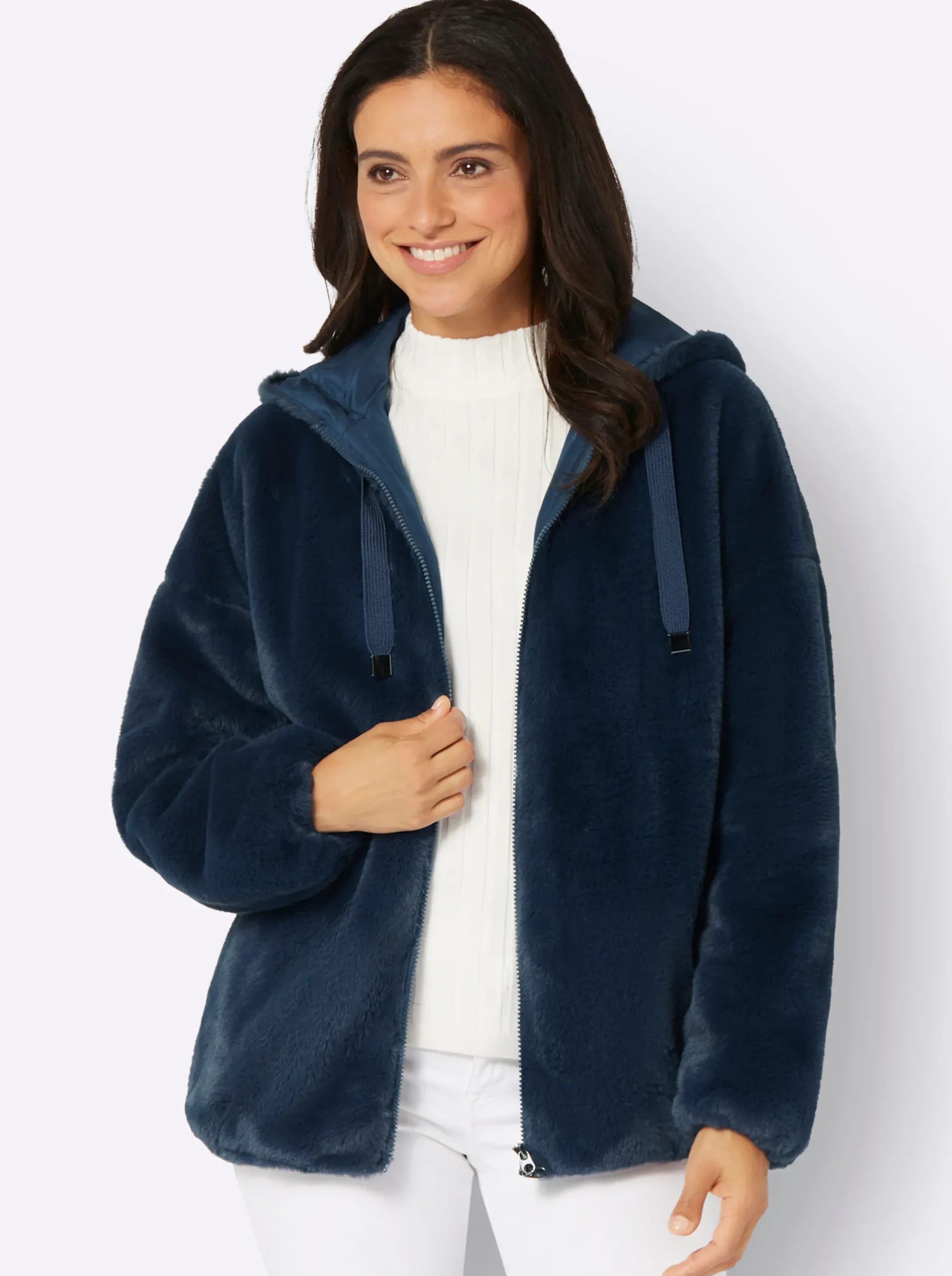 Jacken| Fellimitatjacke mit Gummizug an Ärmeln und Saum dunkelblau