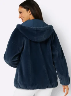 Jacken| Fellimitatjacke mit Gummizug an Ärmeln und Saum dunkelblau