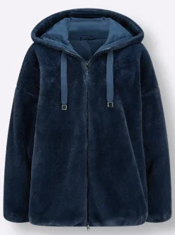 Jacken| Fellimitatjacke mit Gummizug an Ärmeln und Saum dunkelblau